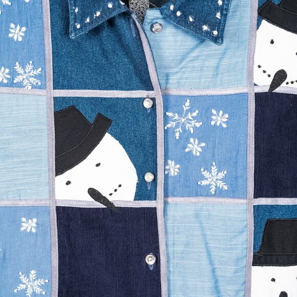 Womens Snowman Winter Holiday Embroidered Denim Jacket Corduroy Patchwork Beaded - Picture 4 of 8